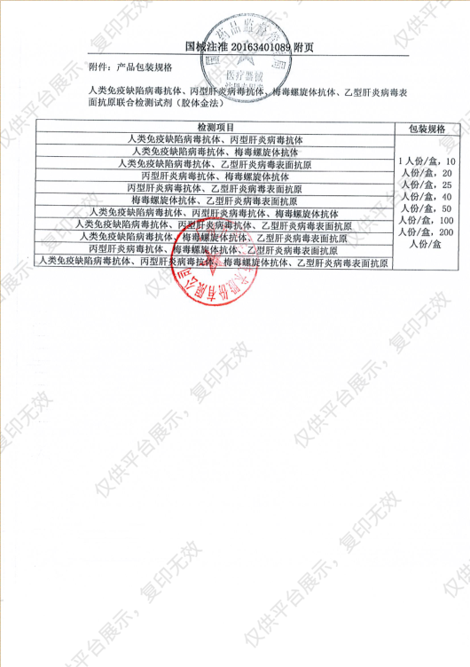 万孚Wondfo 病毒检测四项试剂（艾滋、丙肝、梅毒、乙肝） 20人份/盒注册证