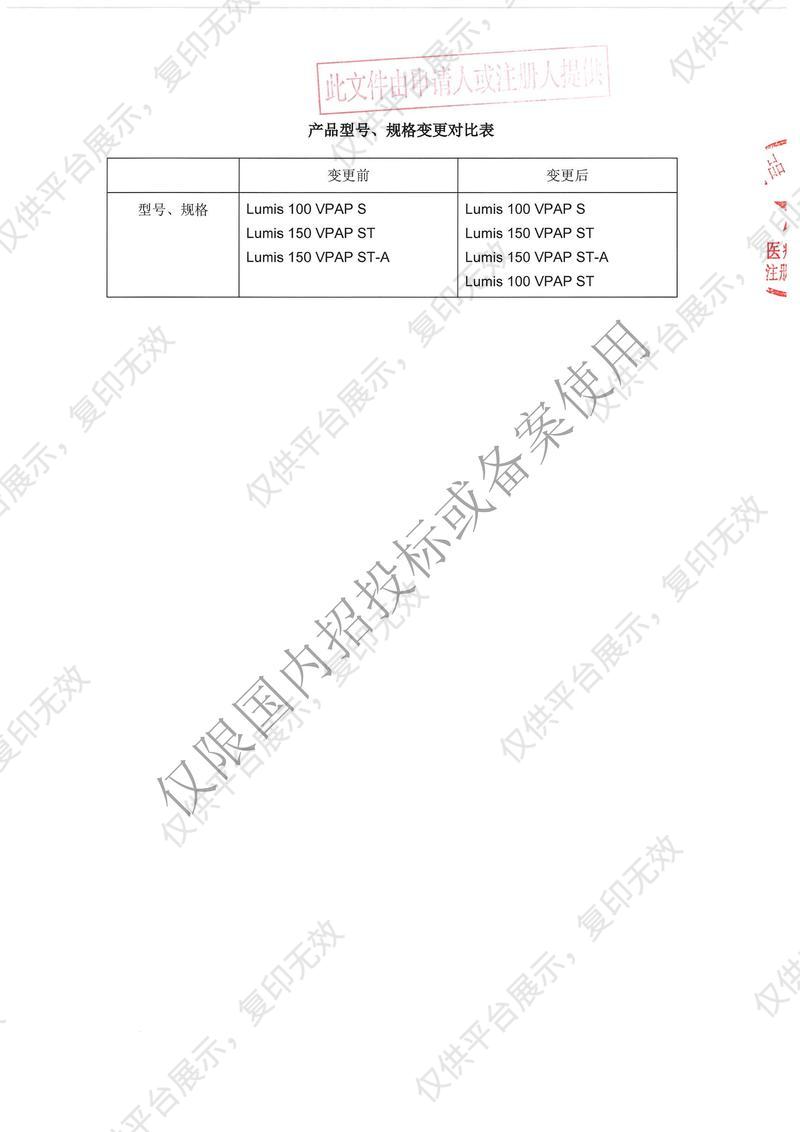 瑞思迈ResMed 正压通气治疗机 Lumis 150 VPAP ST注册证