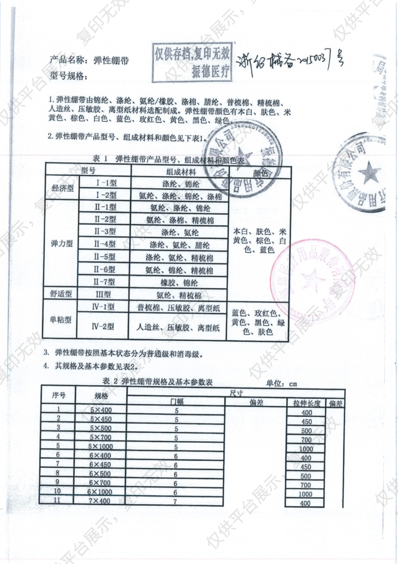 振德 弹性绷带 Ⅱ型 10×450cm 蓝线 氨纶 皱纹（12卷/盒 20盒/箱）备案凭证