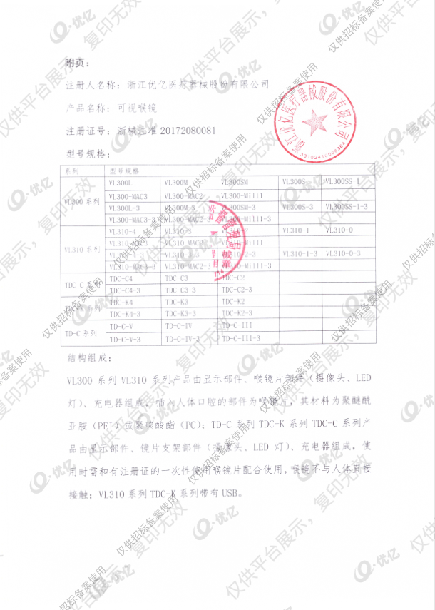 优亿 可视喉镜 VL310-3 (6岁以上）注册证