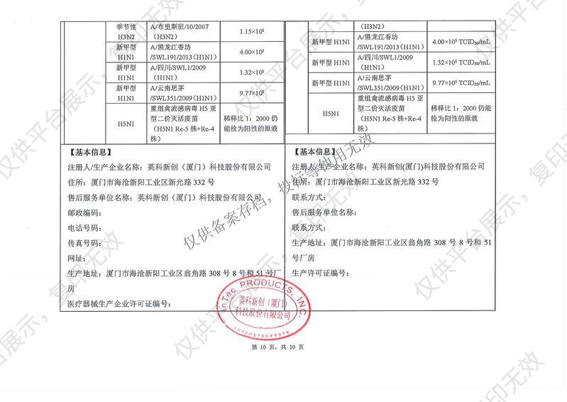 英科新创 Intec 甲型/乙型流行性感冒病毒抗原检测试剂盒 卡型：20人份/盒注册证