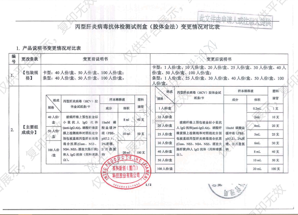英科新创 Intec 丙型肝炎病毒抗体检测试剂盒（胶体金法） 条型50人份/盒注册证