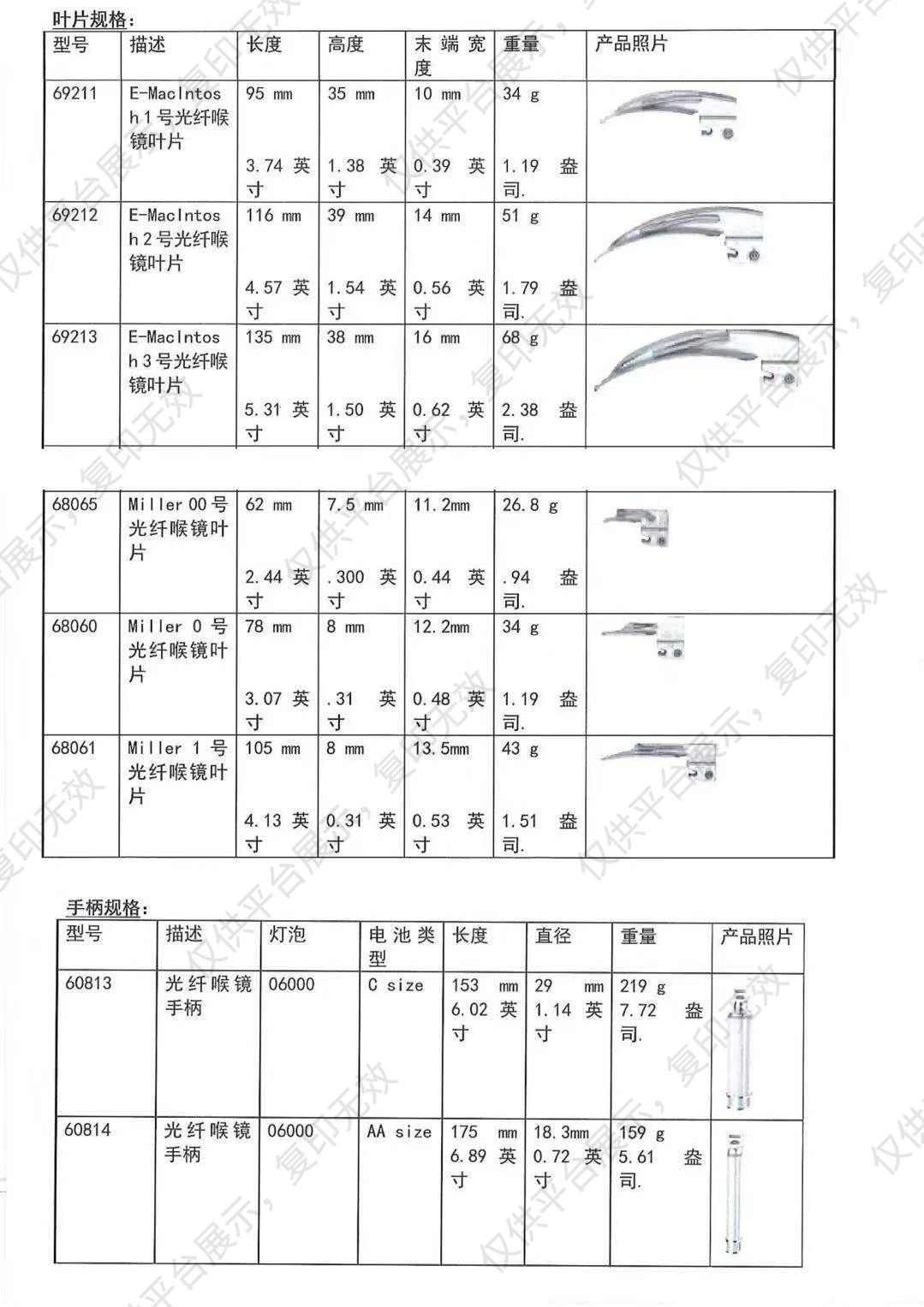 伟伦WelchAllyn 光纤喉镜 69690（标配）注册证