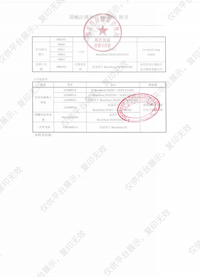 迈瑞Mindray  自动体外除颤器 专业版 BeneHeart D1 (AED)注册证