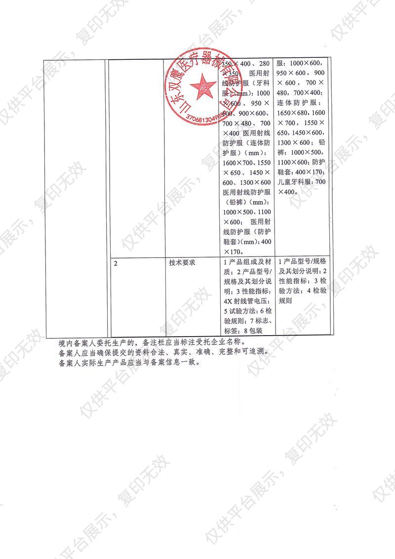 双鹰 医用射线防护服（牙科服）儿童 PB01-1 0.5mmpb（1件）备案凭证