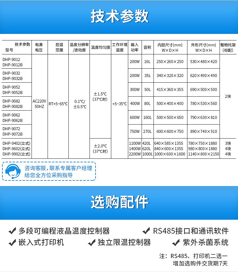 技术参数，选购配件_一恒电热恒温培养箱 DHP-9052B